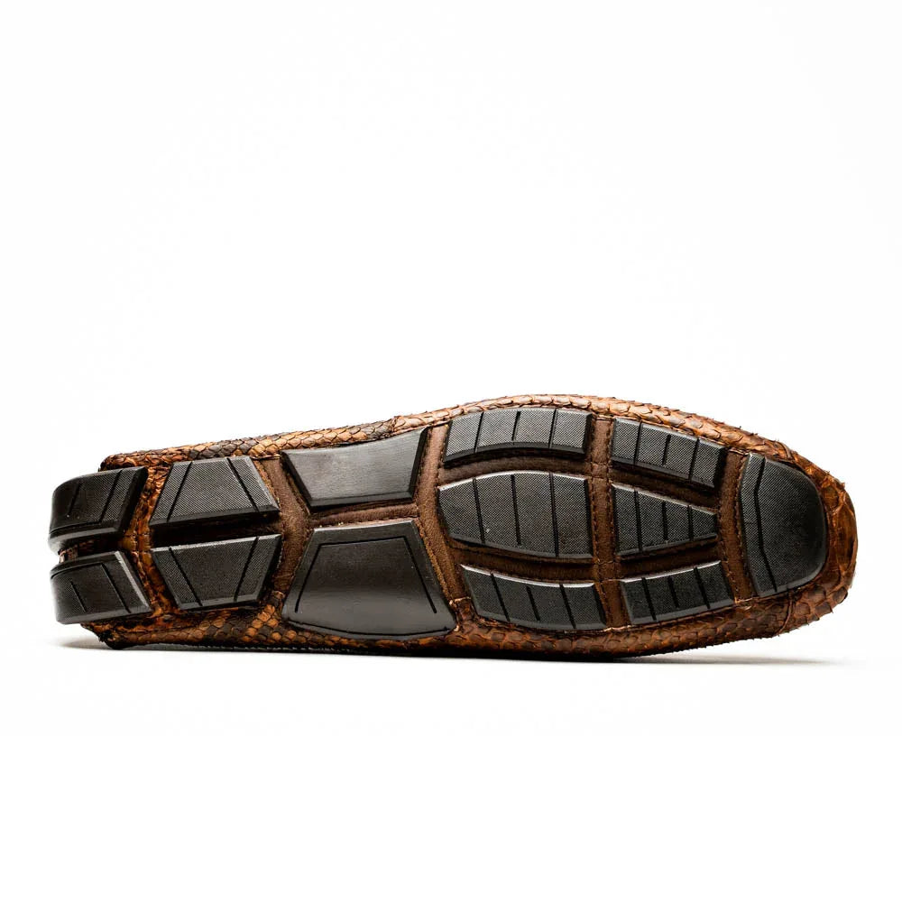 Pia Cognac python skin shoe angled to show side profile and texture depth.