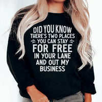 Close-up of black fleece sweatshirt with 'Places You Can Stay For Free' text design, showing fabric texture and details.