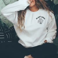 White Plant Mom sweatshirt featuring peachy Sunday T-shirt design, size small