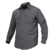 Close-up of olive green lightweight nylon tactical shirt showing front chest pockets and fabric texture.