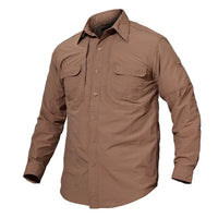 Men's tactical airsoft shirt in khaki color with long sleeves and turn-down collar on white background.