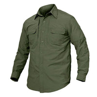 Man wearing army green tactical long sleeve shirt in outdoor urban setting.