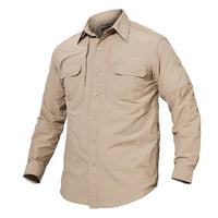 Black quick-drying military style shirt with single-breasted front and full sleeves laid flat.