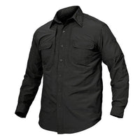 Side profile view of khaki tactical airsoft shirt highlighting sleeve detail and fit.