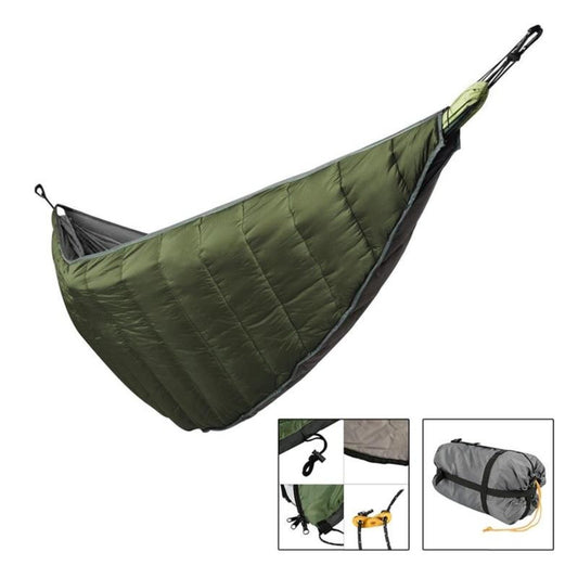 Close-up of durable quilted nylon camping hammock underquilt in green with stitching details.