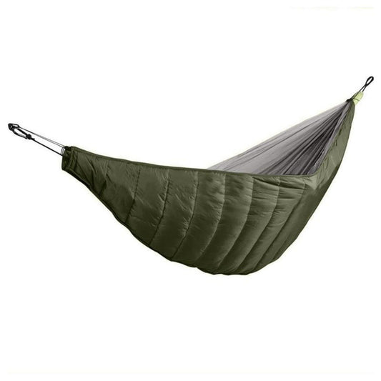 Fully assembled green nylon outdoor camping hammock underquilt attached to a hammock.
