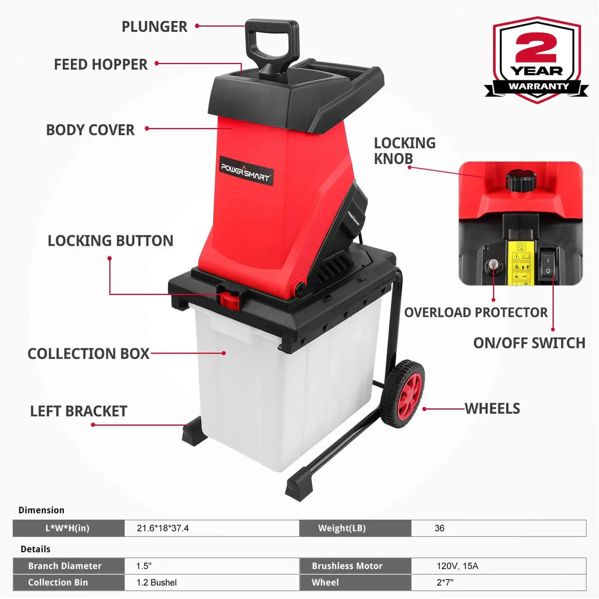 Electric wood chipper mulcher angled view highlighting sturdy wheels and collection bin.