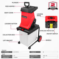 Electric wood chipper mulcher angled view highlighting sturdy wheels and collection bin.
