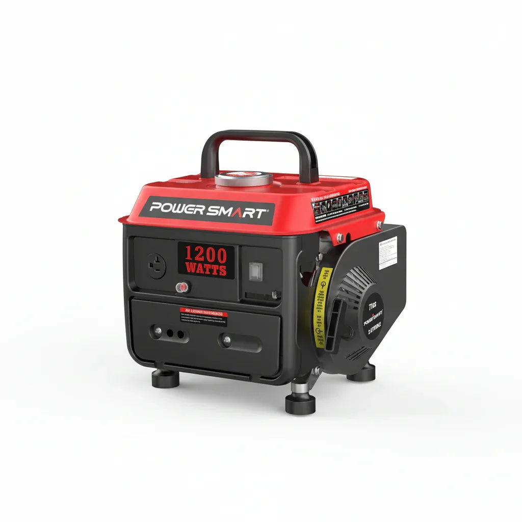Compact 1200W 2-stroke generator with black and yellow casing on white background