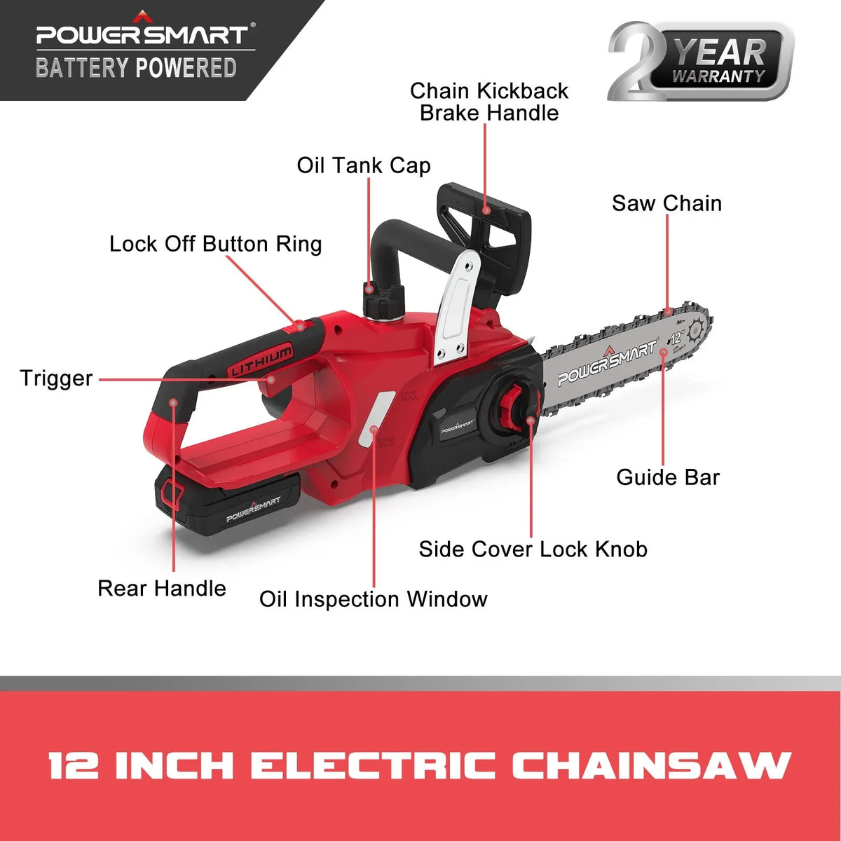 User holding cordless chainsaw mid-cut with greenery background.