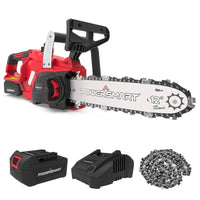 20V 12-inch cordless chainsaw with black and orange body, placed on wooden surface.