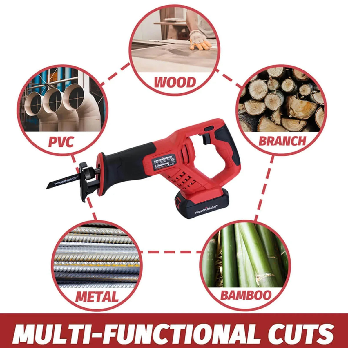 Front angle of cordless reciprocating saw displaying blade clamp and ventilation slots.