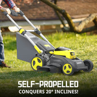 Side view of cordless lawn mower showing foldable design and battery compartment.