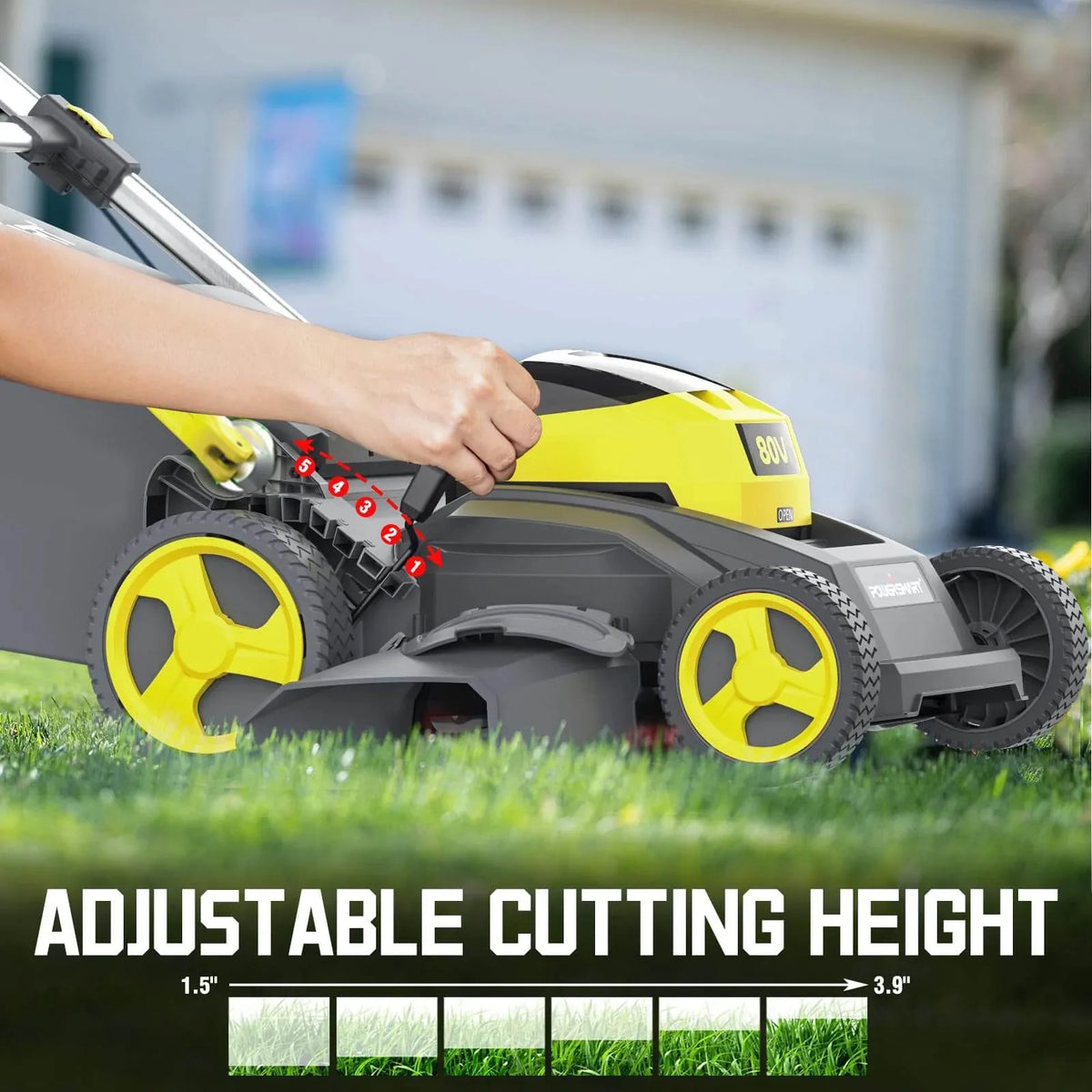 Battery pack and charger placed beside cordless lawn mower on a clean surface.