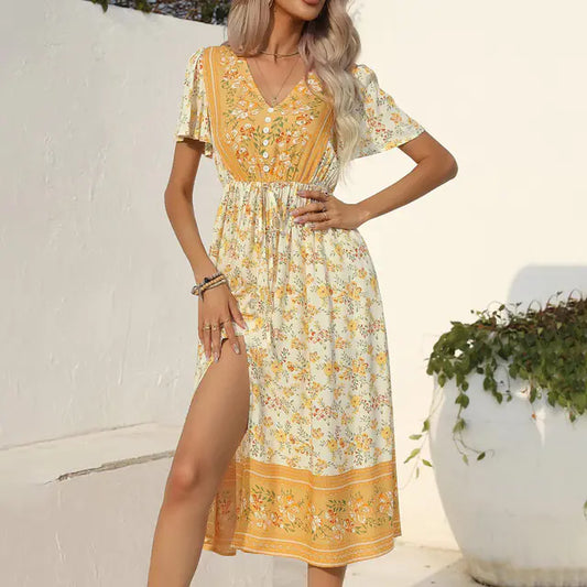 Boho Women's V Neck Floral Print Short Sleeve Dress
