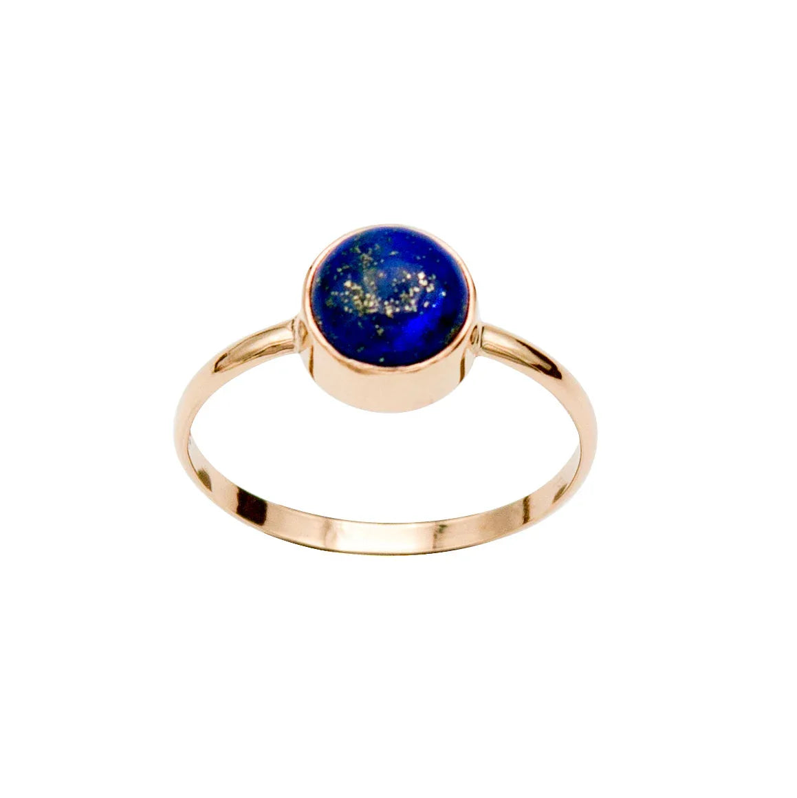 Close-up of Lapis Lazuli round cabochon ring with 14k gold filled open bezel setting on white background.