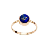 Close-up of Lapis Lazuli round cabochon ring with 14k gold filled open bezel setting on white background.