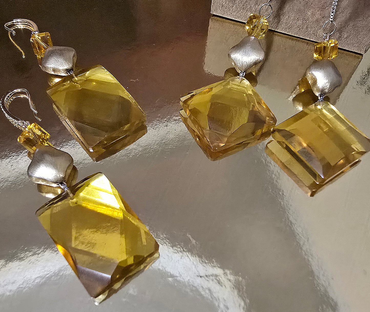 Natural Citrine and 14k Gold over  Silver Diamond Drop Earrings