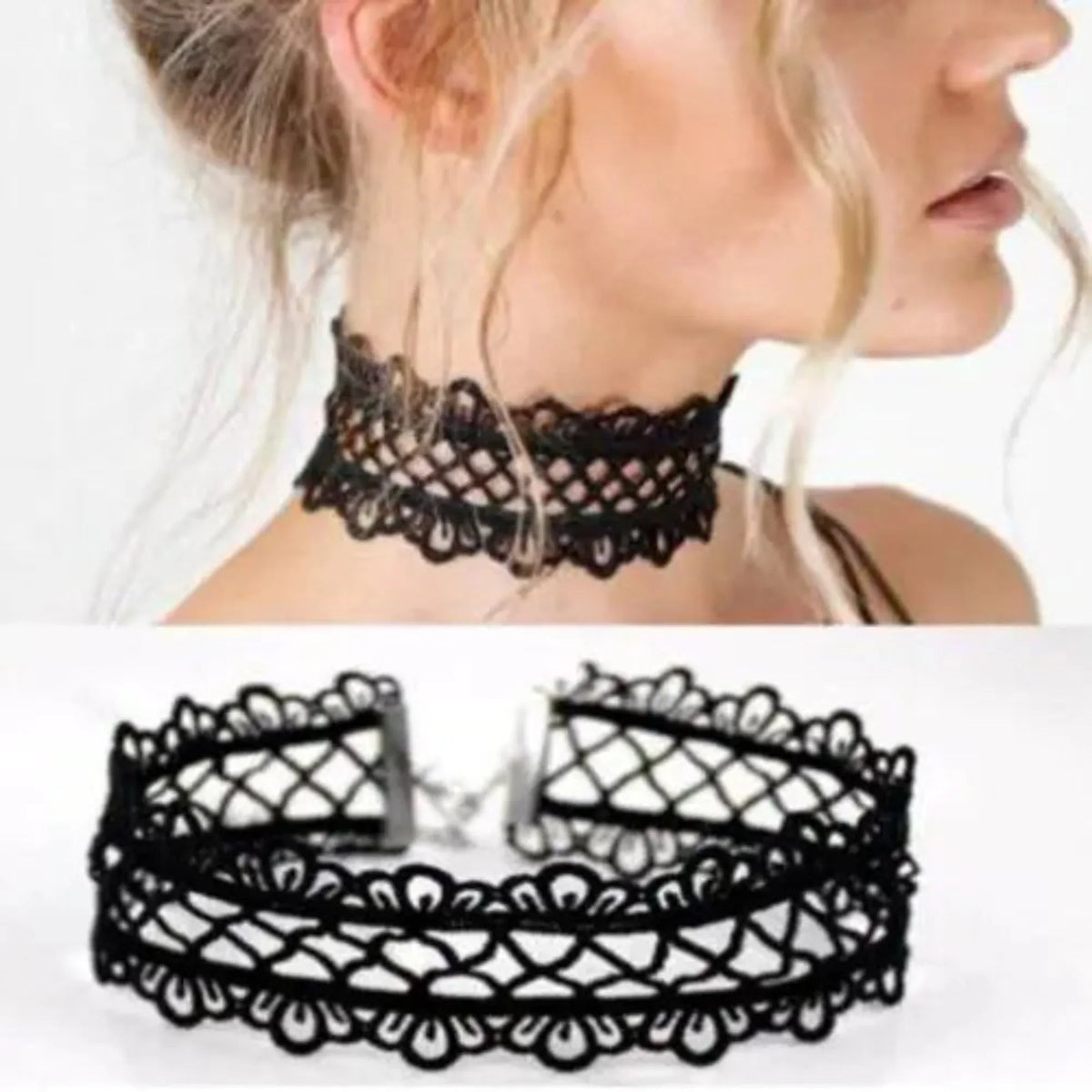 Close-up of delicate black lace necklace with detailed floral pattern on white background.