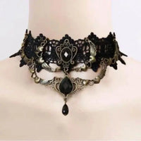Black lace necklace styled with a dark outfit, emphasizing its bold yet elegant look.