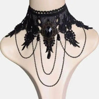 Side profile of woman wearing black lace necklace highlighting its fit around the neck.