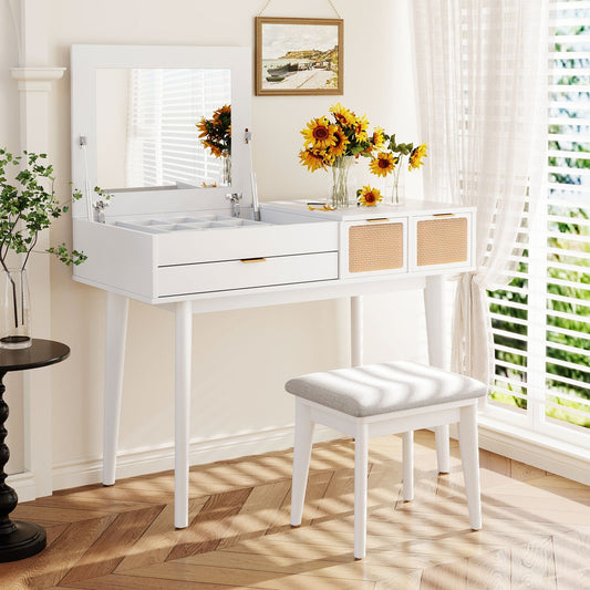 White Vanity Table Set – Hidden Mirror, Storage Drawers, and Stool