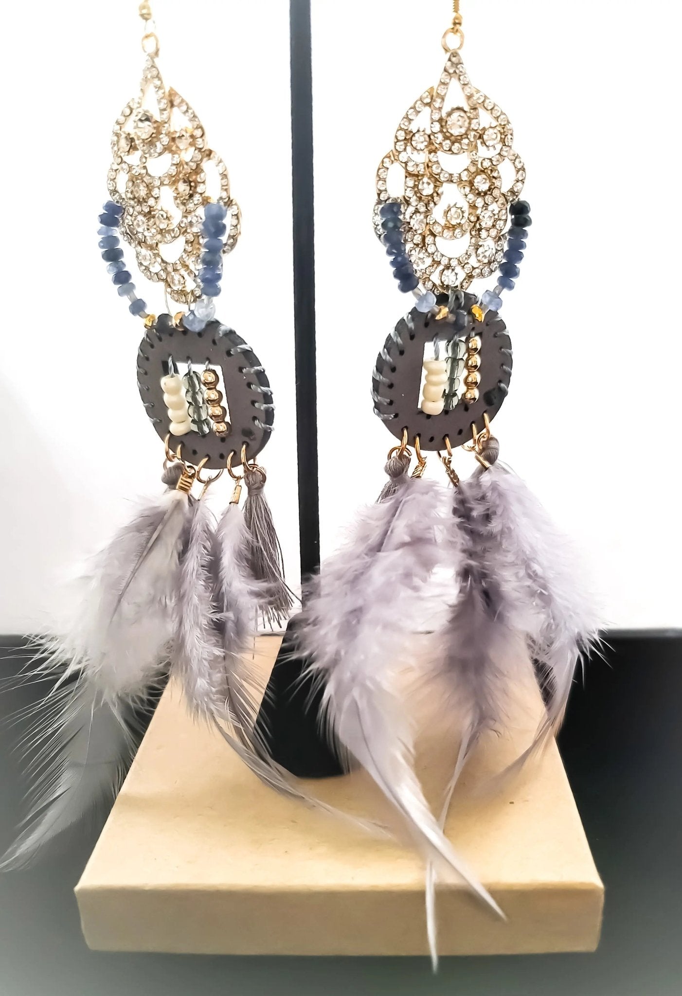Sapphire and Gray Diamonds Feather Earrings