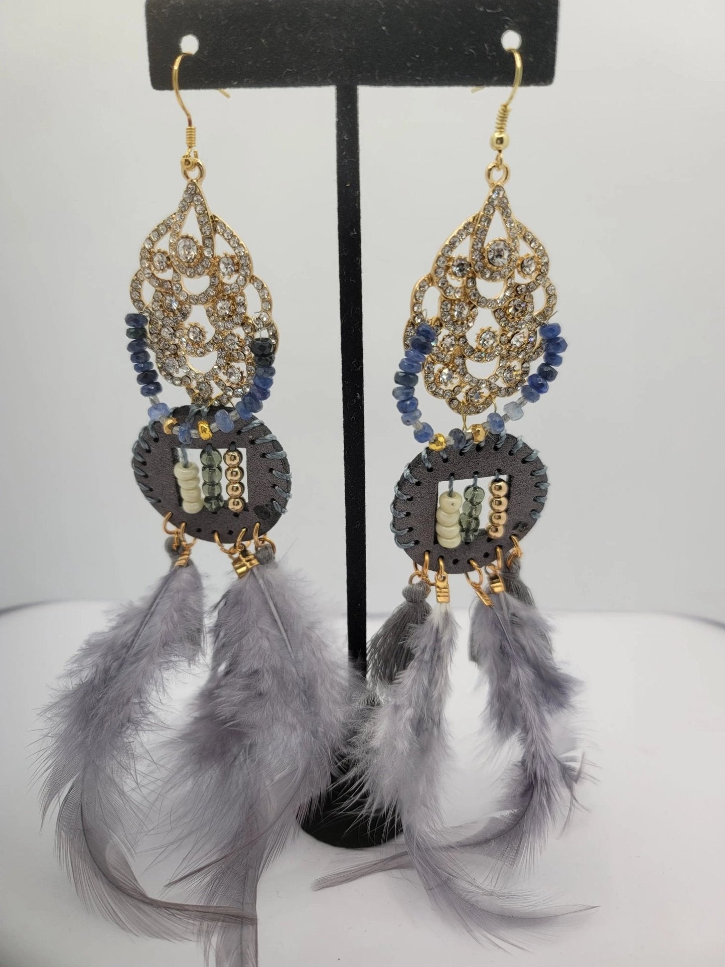 Sapphire and Gray Diamonds Feather Earrings