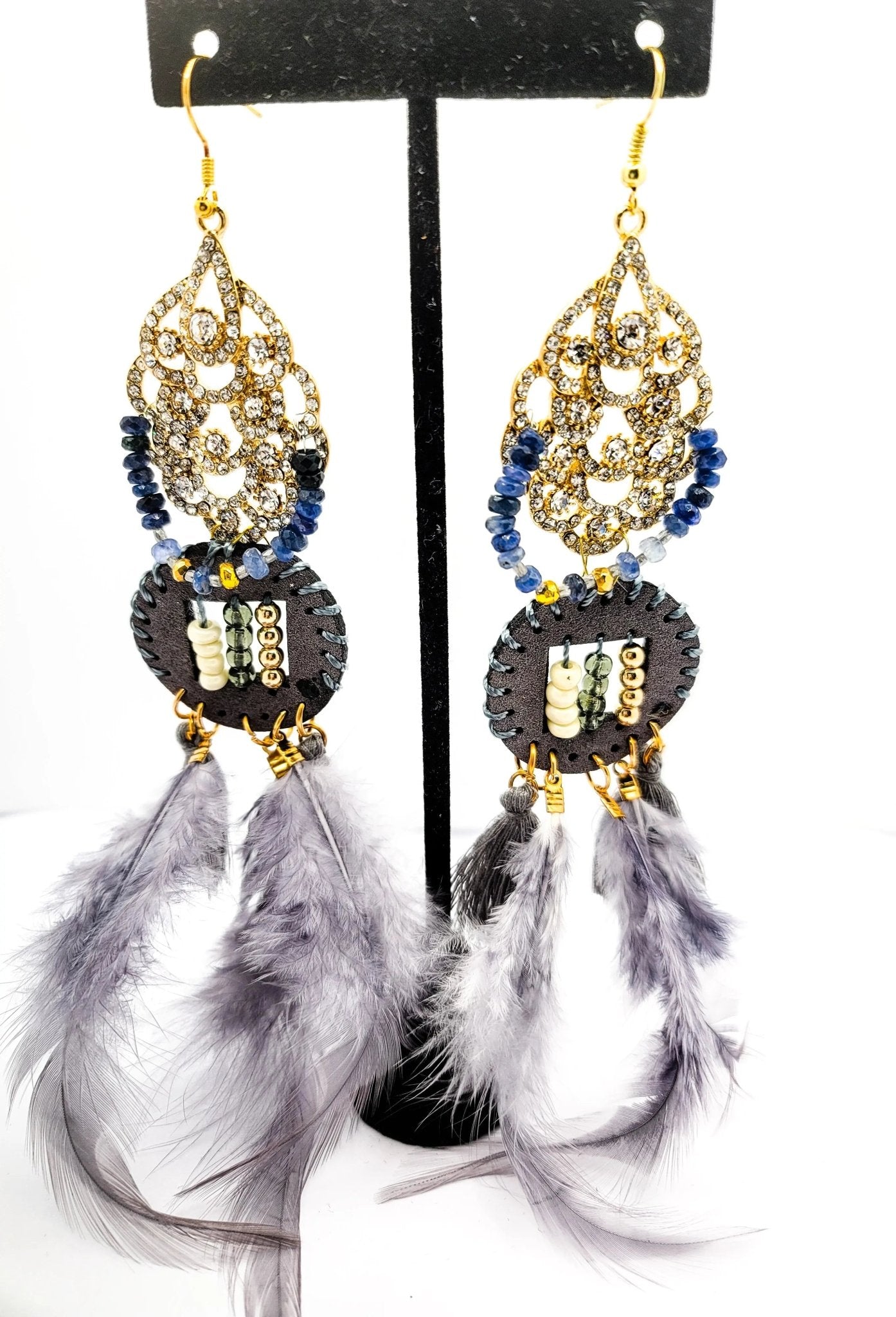 Sapphire and Gray Diamonds Feather Earrings