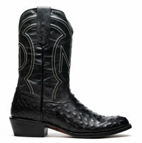 Front view of Savannah black cowboy boot showing round toe and red stitching detail.