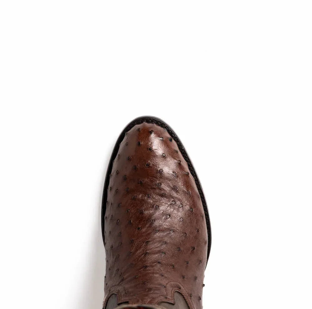 Savannah Kango Tabac boot angled to display the bold red vamp and detailed stitching of genuine ostrich skin.