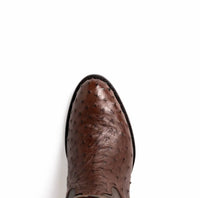 Savannah Kango Tabac boot angled to display the bold red vamp and detailed stitching of genuine ostrich skin.