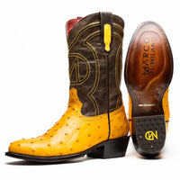 Savannah Buttercup ostrich skin cowboy boot showing side profile with red vamp and round toe.