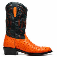 Front angle of Savannah Orange cowboy boot highlighting bright red ostrich skin vamp and stitching.