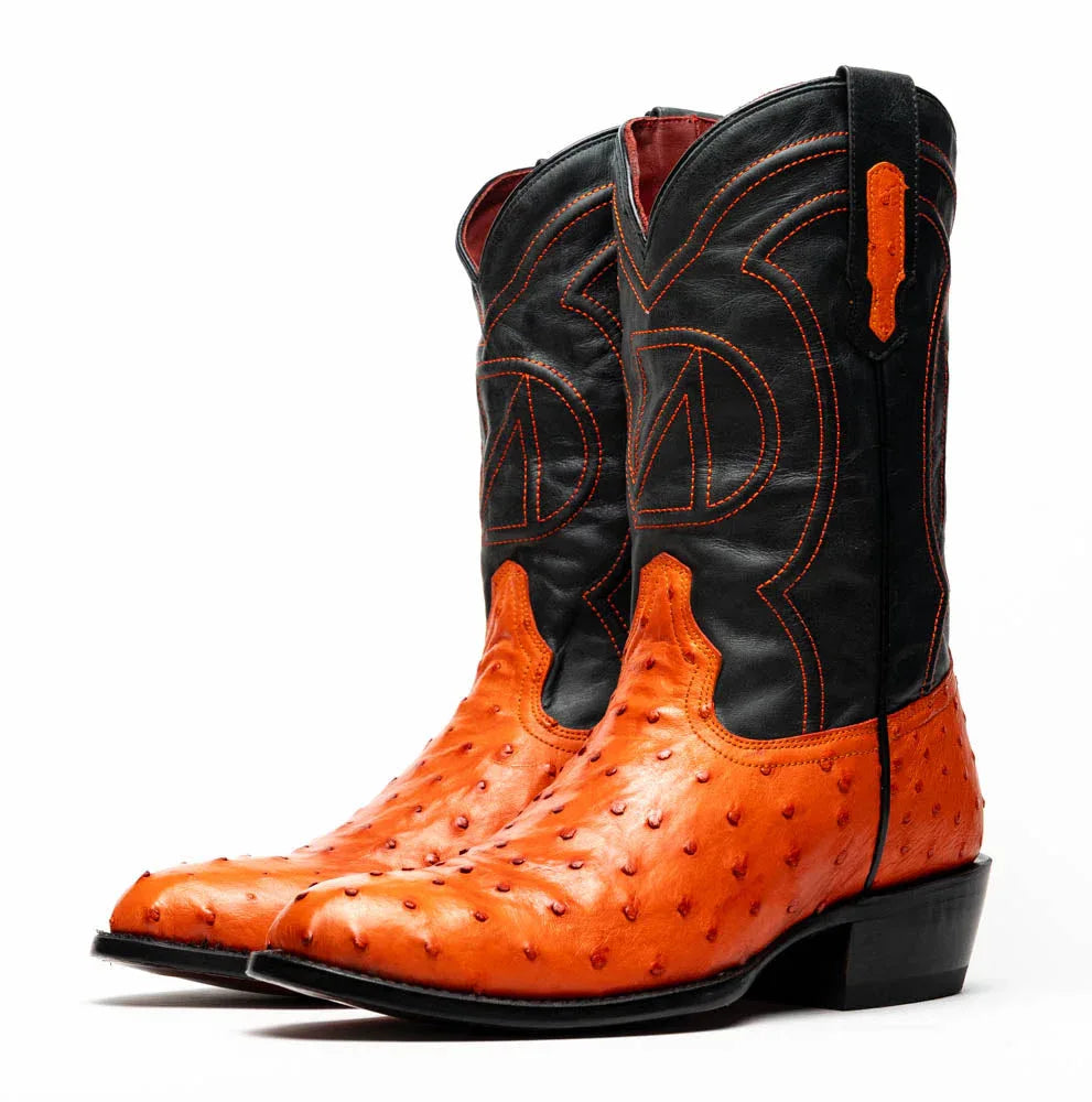 Close-up of ostrich quill texture on the vamp and red detailed stitching of the boot.