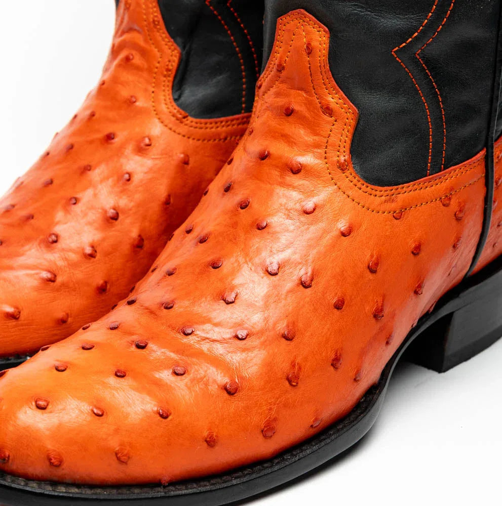 Back view of the cowboy boot revealing full-grain leather shaft and red lining inside.