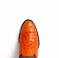 Top view showcasing round toe shape and vibrant red color of the ostrich leather vamp.