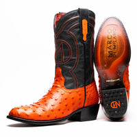 Side view of Savannah Orange ostrich skin cowboy boot showing full quill texture and round toe design.