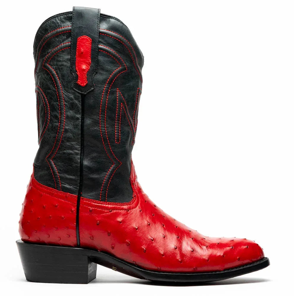 Close-up of Savannah Red boot showing full-quill ostrich skin texture on vamp and red stitching.