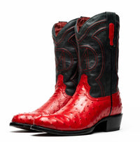 Savannah Red cowboy boot angled side view highlighting black leather shaft and red ostrich vamp.