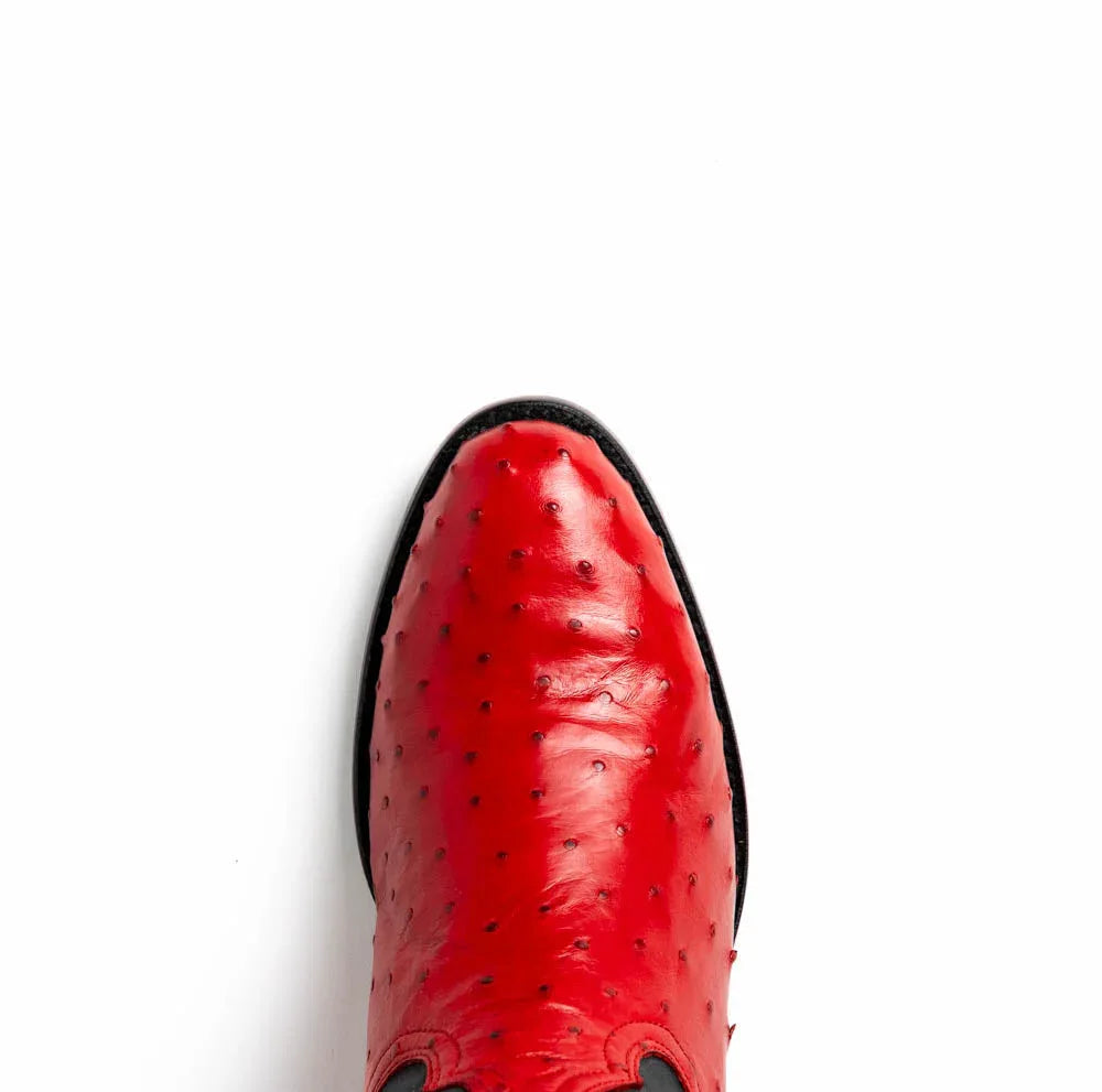 Rear view of Savannah Red ostrich cowboy boot showing black leather heel and red upper details.