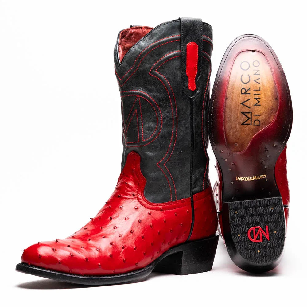 Savannah Red genuine ostrich skin cowboy boot with round toe and red-black leather, side view.