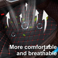 Front and rear black quilted leather car seat covers displayed inside a car interior.