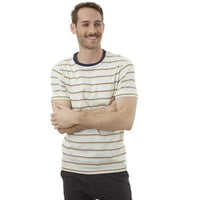 Front view of Edgar Striped Tee showing horizontal blue and white stripes with chambray back yoke and patch pocket.