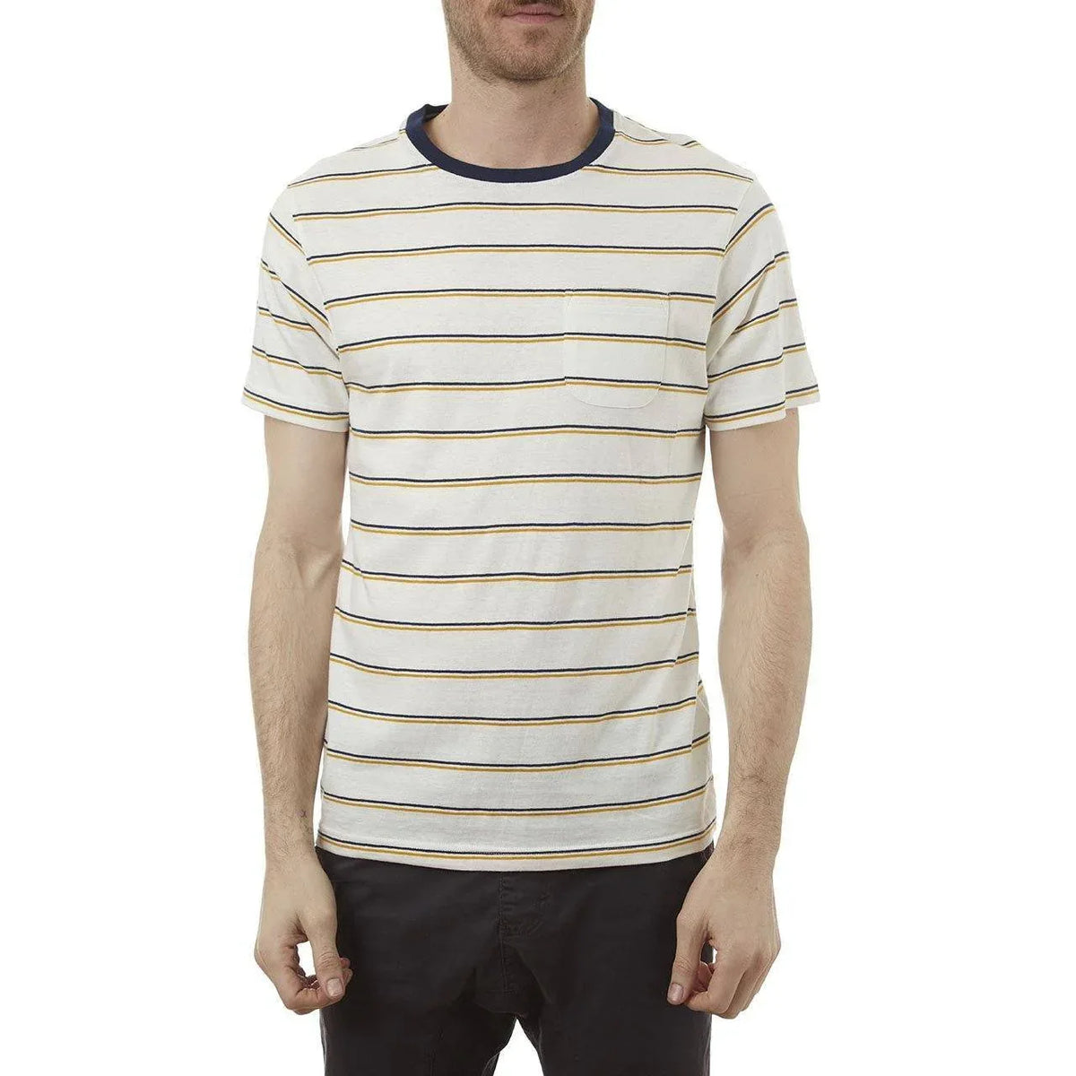 Side view of Edgar Striped Tee worn by model, showing fit and short sleeves.