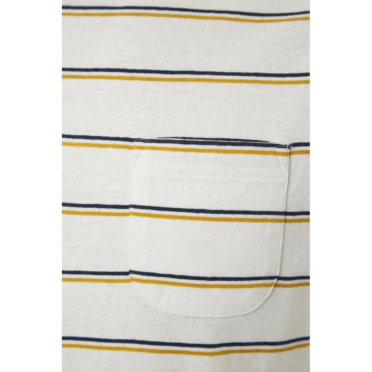 Close-up of the Edgar Striped Tee crew neck and shoulder seam detail.