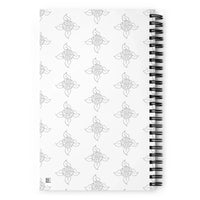 Close-up of spiral-bound notebook back cover with dotted pages visible inside.