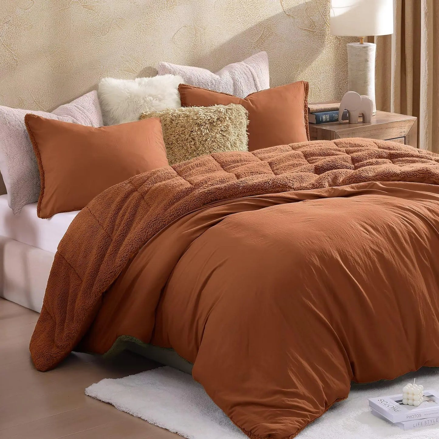 WRENSONGE King Size Comforter Set Burnt Orange Ultra Soft Fuzzy Sherpa Fleece Comforter 3 Pieces Backing Reversible Washed Comforter King Size Plush Sherpa Comforter King for Winter Autumn