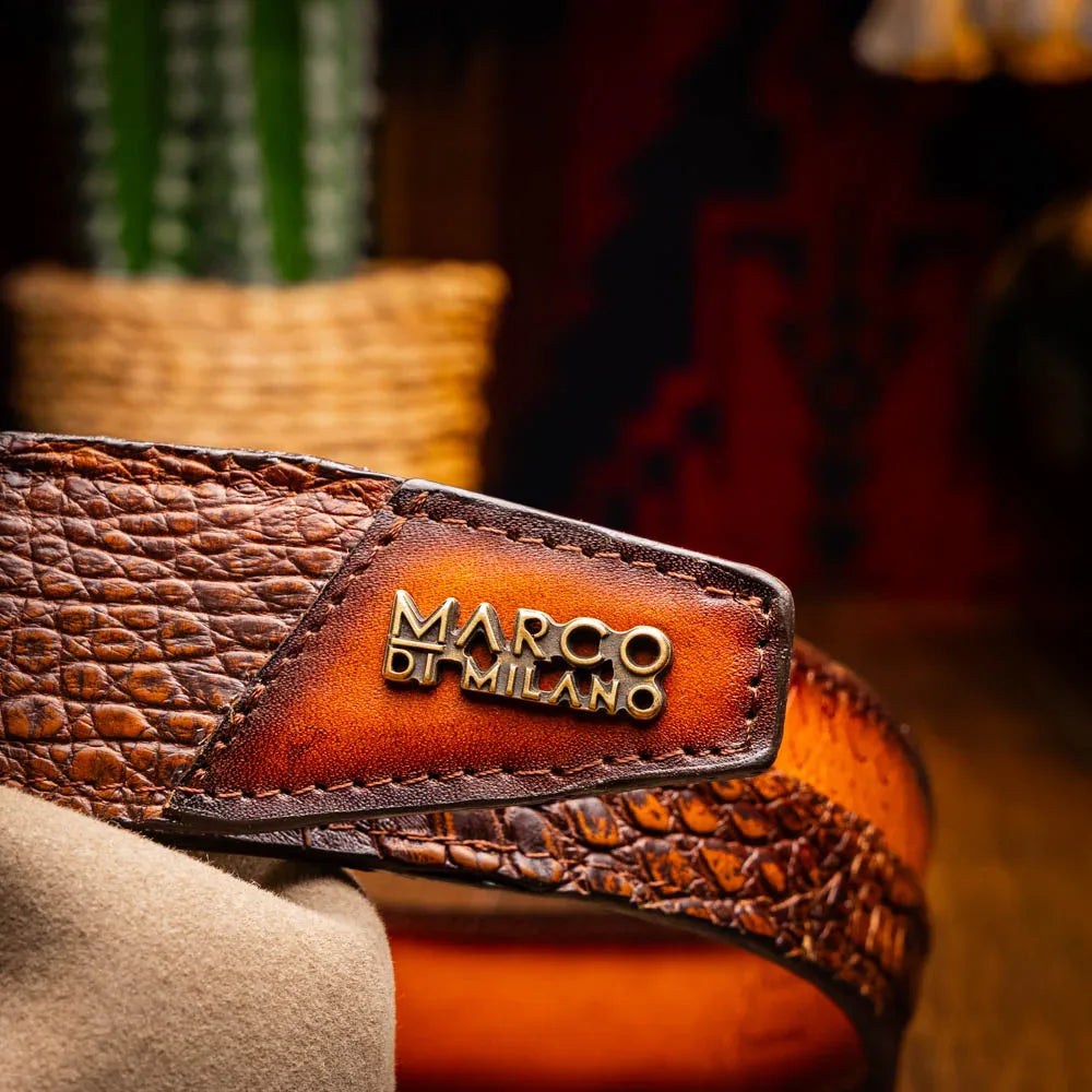 Side profile of model showing Texas caiman crocodile belt over casual outfit.