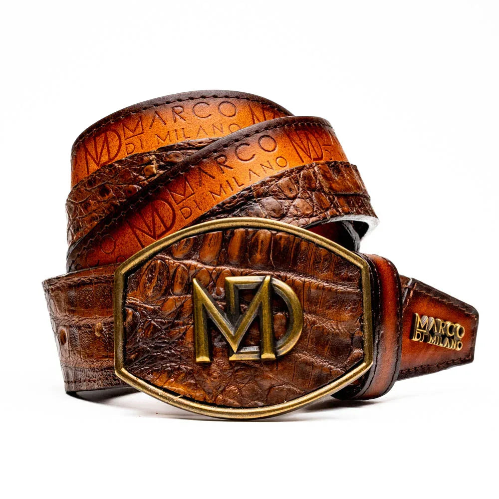 Close-up of Texas belt crafted from caiman crocodile and calfskin leather in aged maple color.